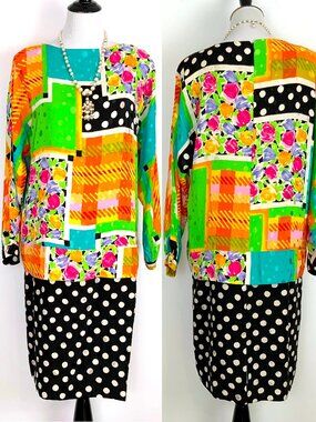 Vintage 80s Carol Mignon Retro Multicolor Silk Shift Dress Size 12-10